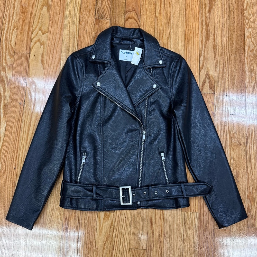 Old Navy Women's Black Faux Leather Belted Moto BikerJacket Goth Grunge Punk NWT
